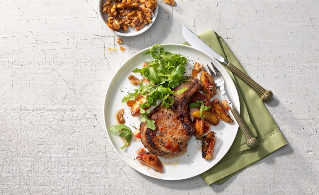 Featured image for “Pan Roasted Pork Chops with Chili Glazed Peaches”